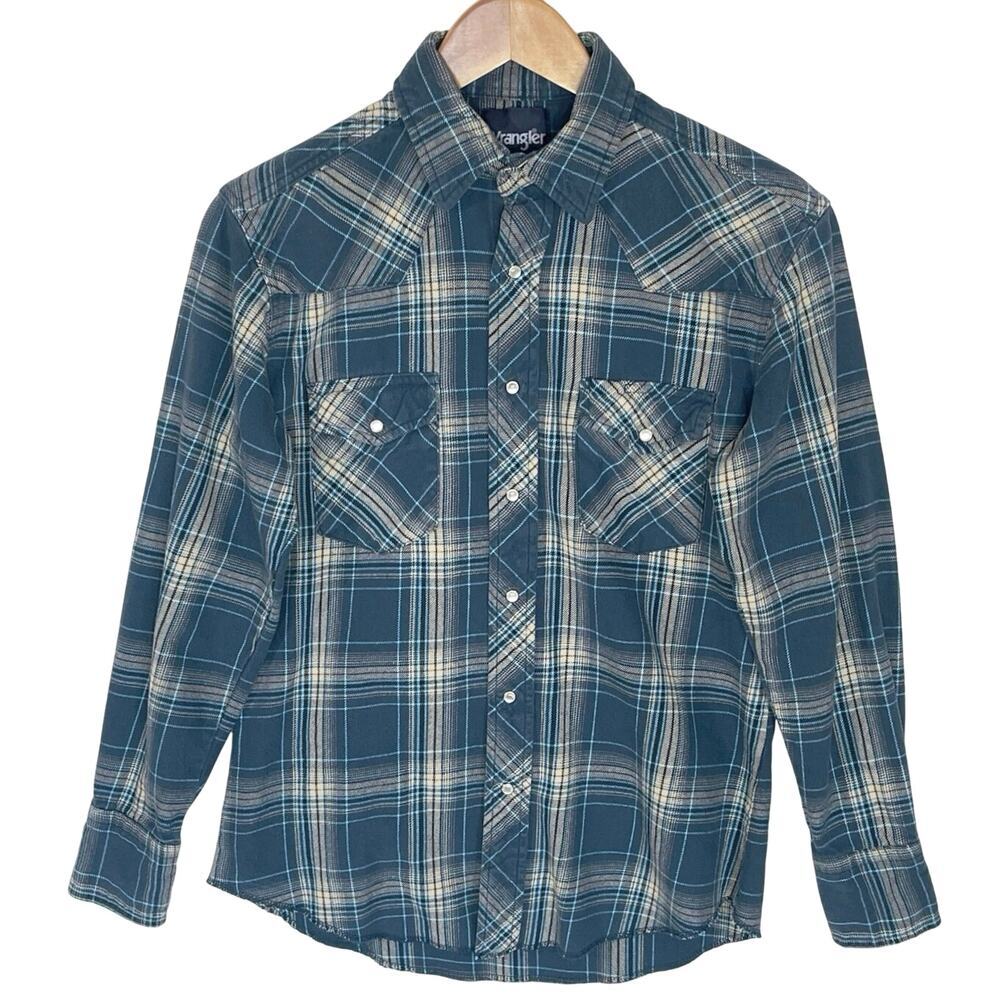WRANGLER Men’s Blue Plaid Flannel Western Snap Front Shirt Medium - Picture 1 of 5